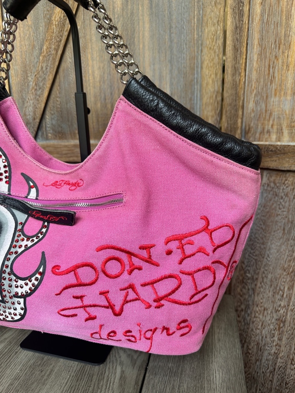 Ed Hardy Vintage Y2K World Citizen Pink Canvas Rhinestones Embroidered Purse - Picture 6 of 16